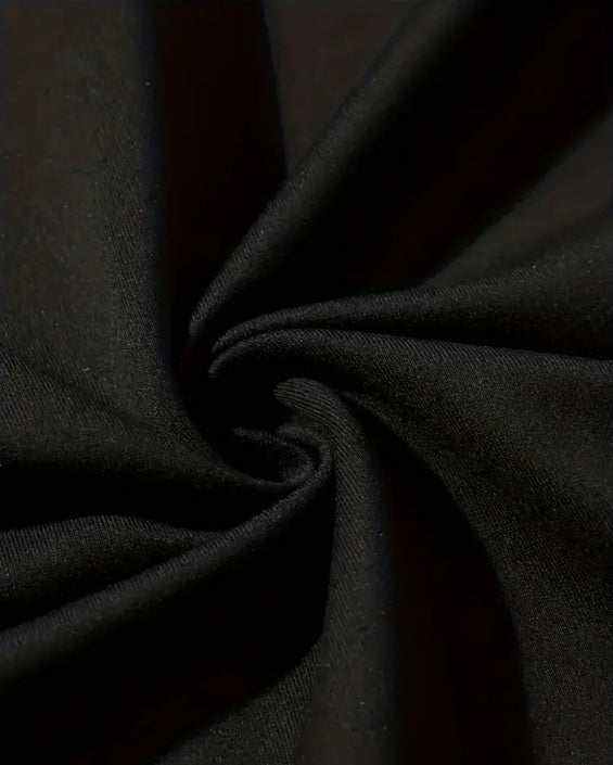Close-up of black I'm Thinking T-shirts fabric made of 95% polyester and 5% spandex with a smooth texture.