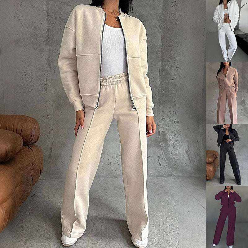 Woman wearing beige leg pants two-piece set with zip-up jacket and elastic waist pants