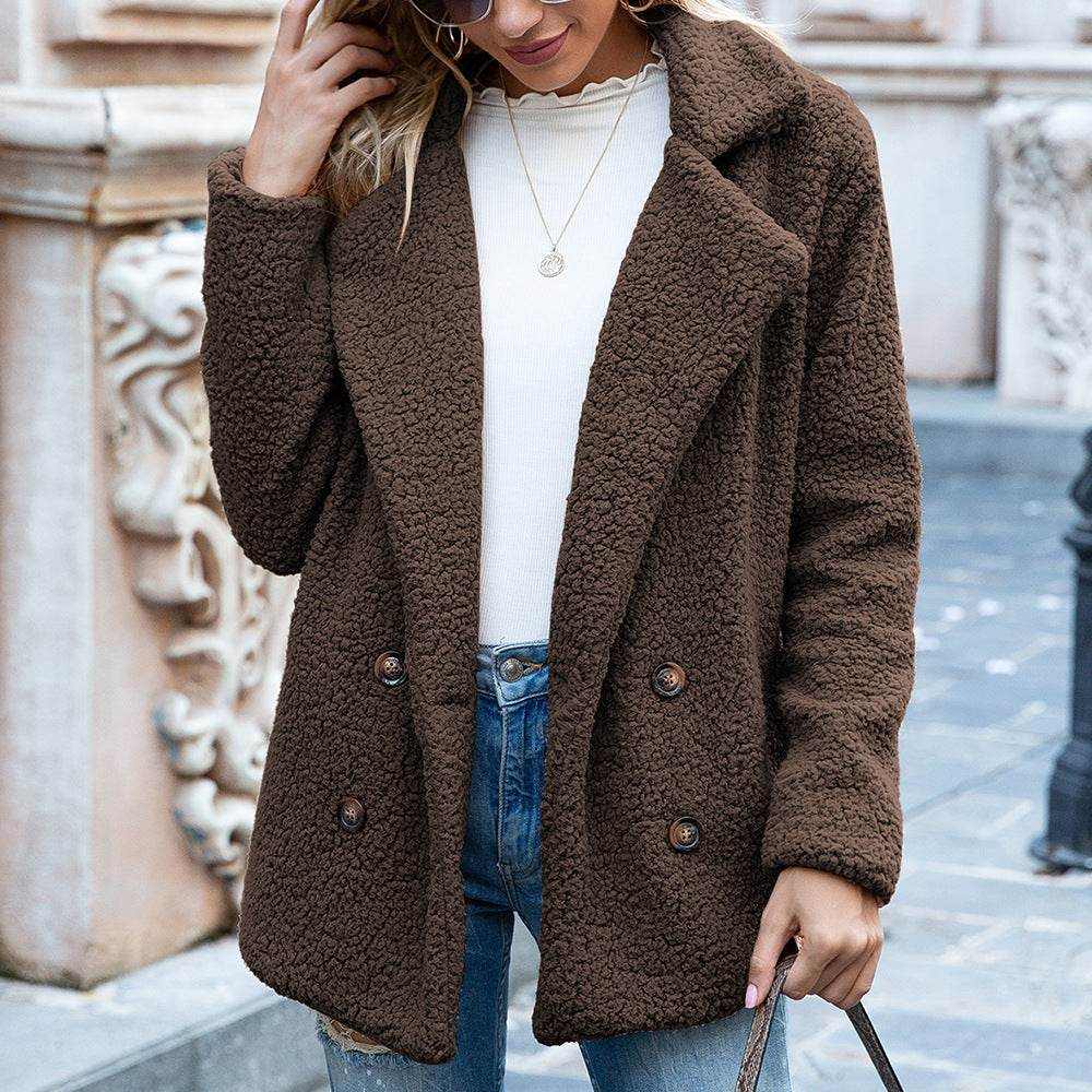 Brown fluffy winter coat jacket for women with double-breasted buttons and textured fabric