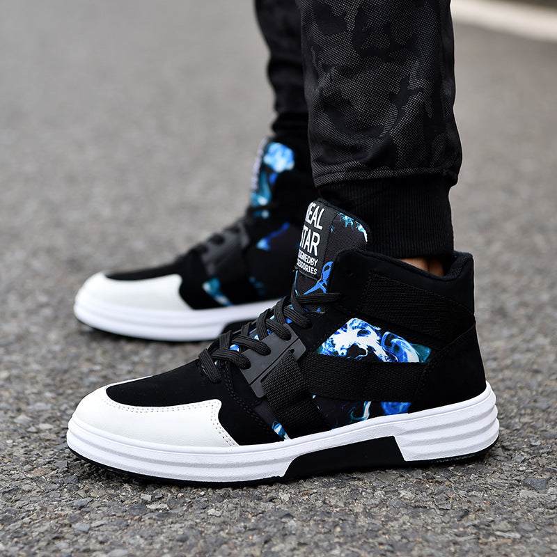 Black and white Sole 101 Sneakers with blue marble pattern and high-top design on asphalt surface
