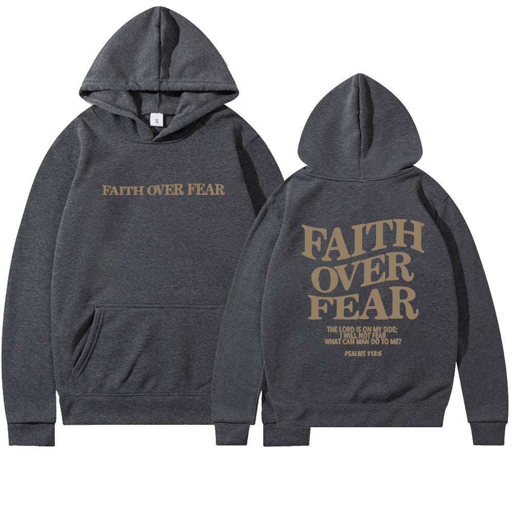 Dark gray Faith Over Fear Christian hoodie with front and back text design and front pocket