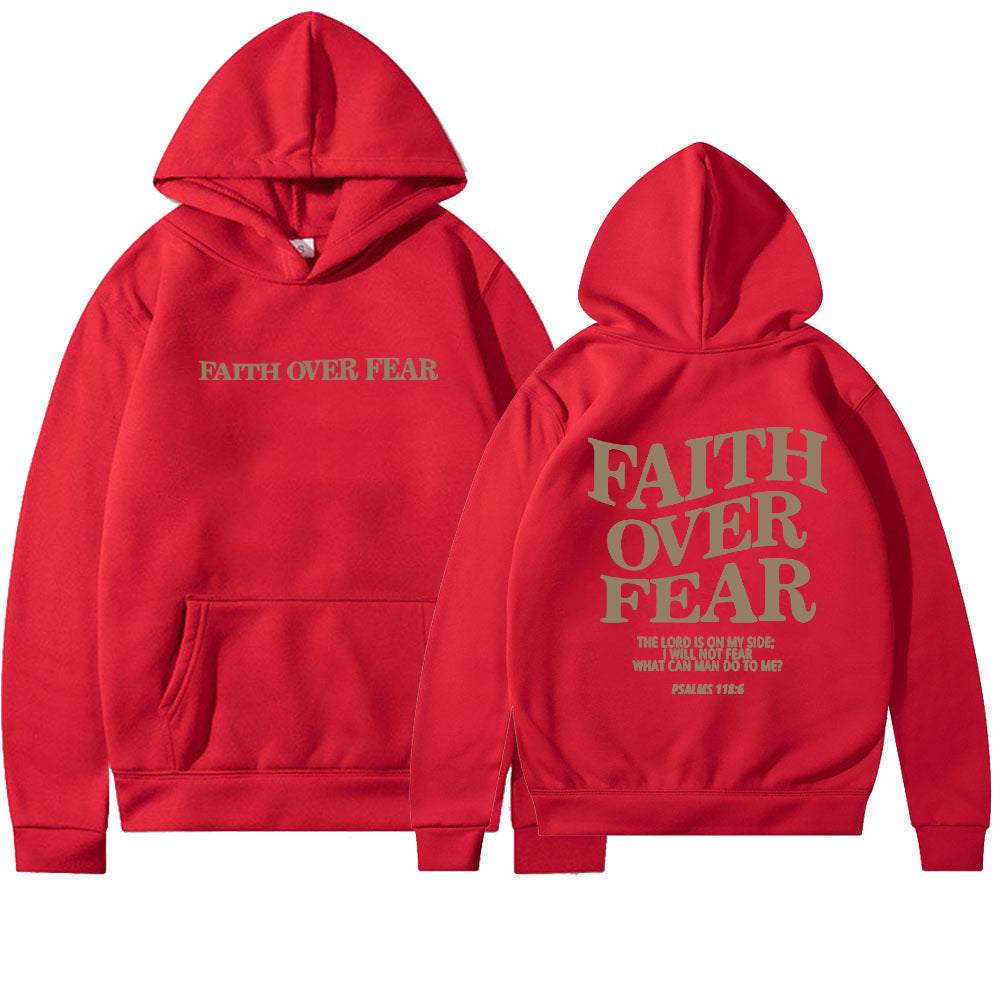 Red Faith Over Fear Christian hoodie with front and back text design