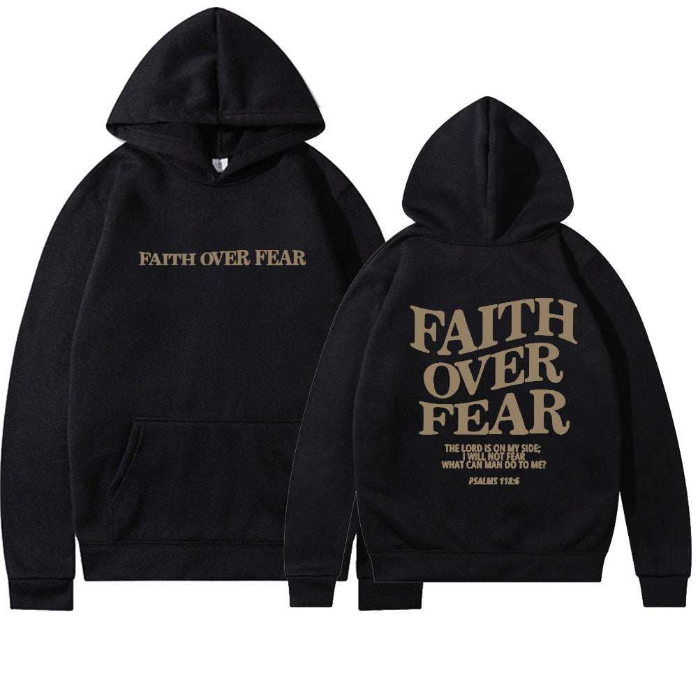 Black Faith Over Fear Christian hoodie with front and back text and Bible verse from Psalms 27:1