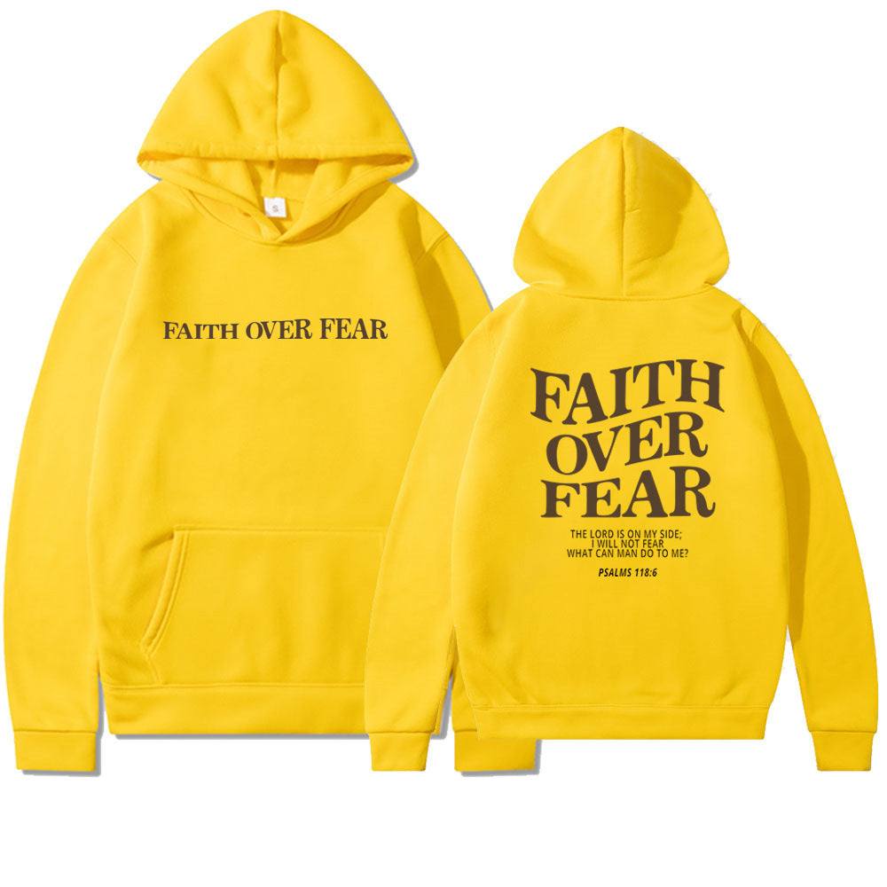 Yellow Faith Over Fear Christian hoodie with front and back text and hood
