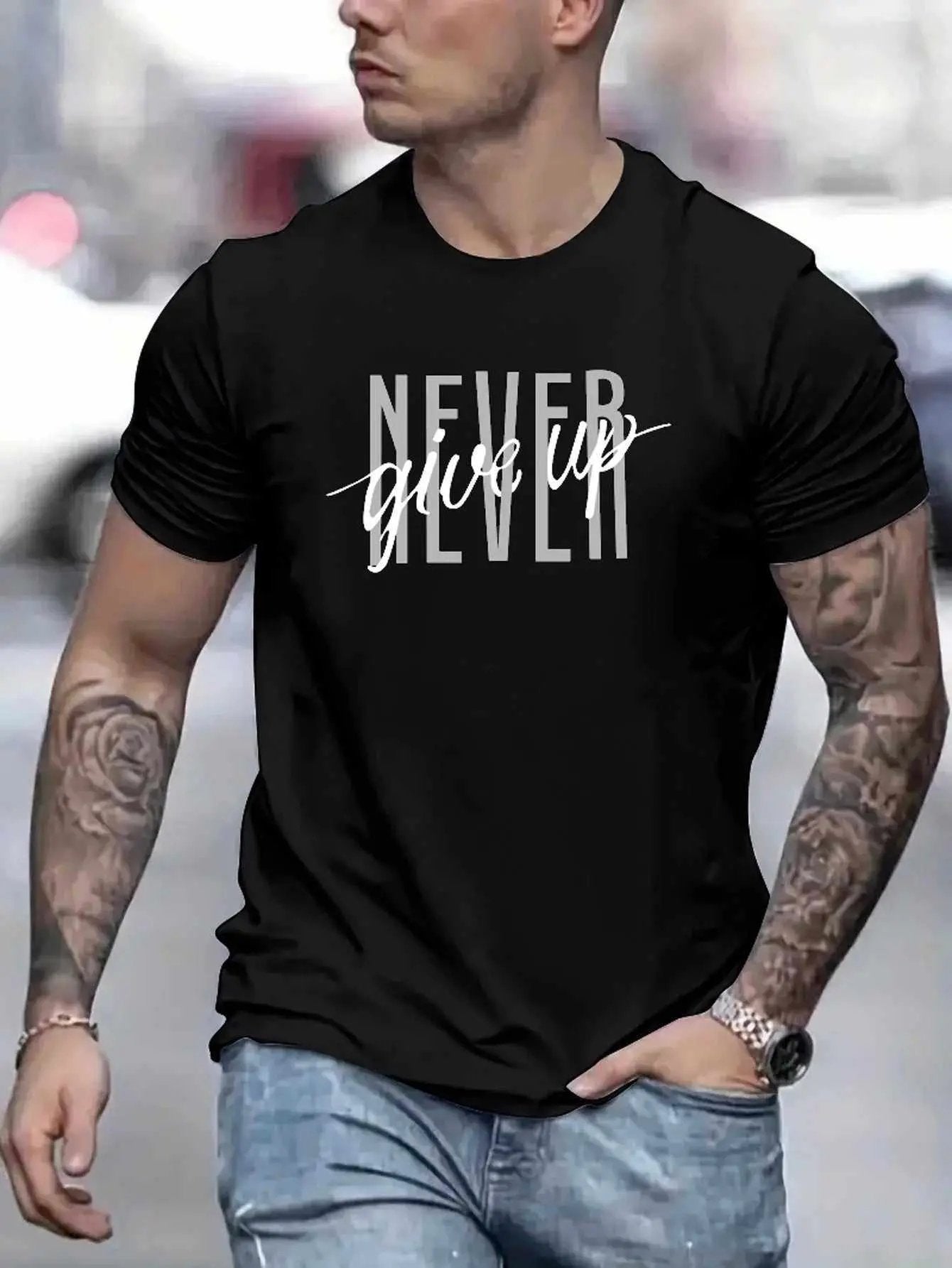 Never Give Up Printed T-shirts,MENS FASHIONSROBS FASHIONSWEAR 114'SROBS FASHIONSWEAR 114’SNever Give Up