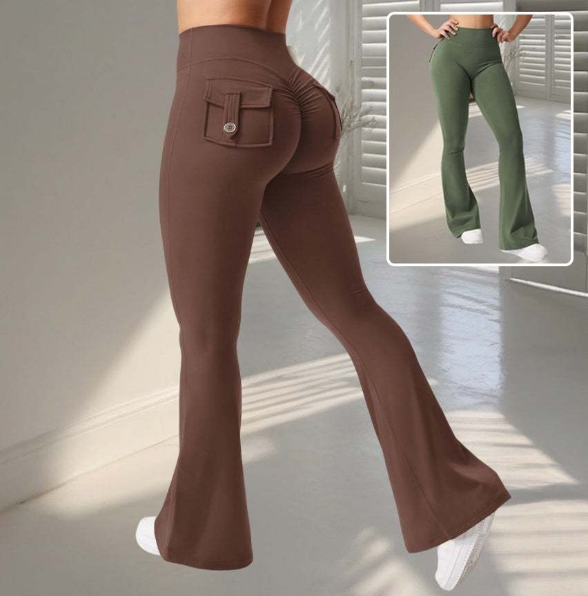 Yoga fitness flared pants in brown and green with high stretch fabric and side pocket detail.