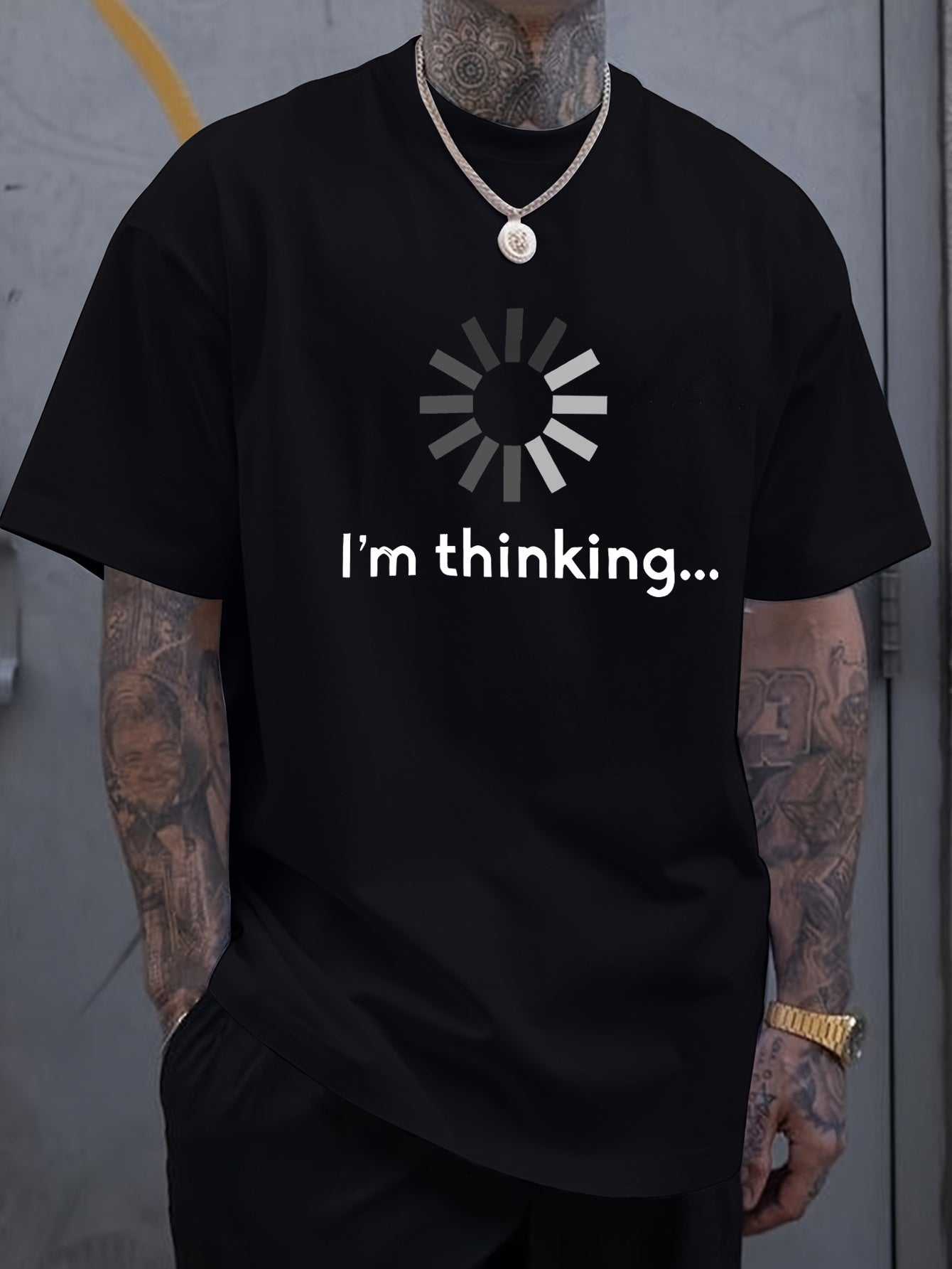 Black short-sleeve retro I'm Thinking T-shirt with loading graphic print for casual leisure wear