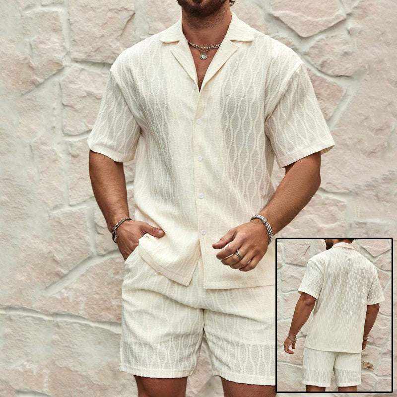 Men's two pieces beach outfit set in light textured fabric with short sleeves and shorts