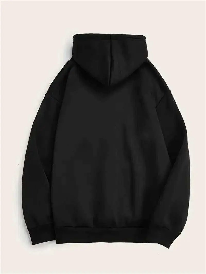 Black men's polyester hoodie with hood and long sleeves shown from the back