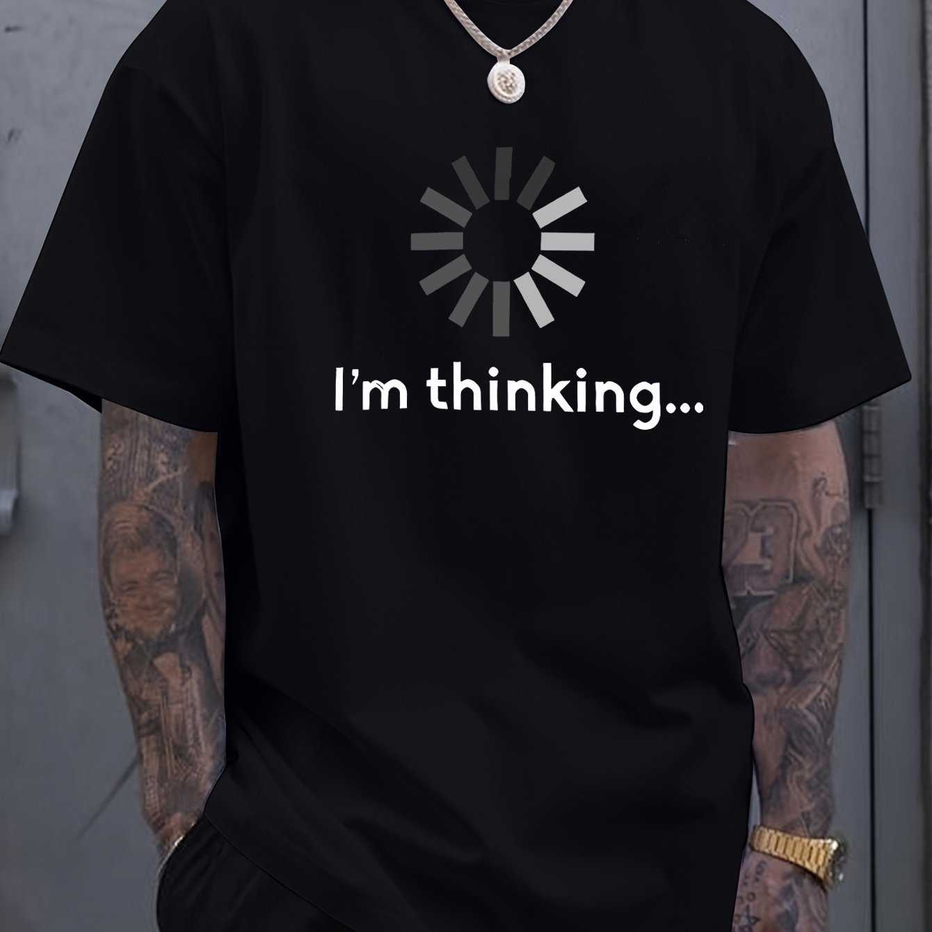 Black short-sleeve I'm Thinking T-shirt with loading graphic and printed text, casual retro style