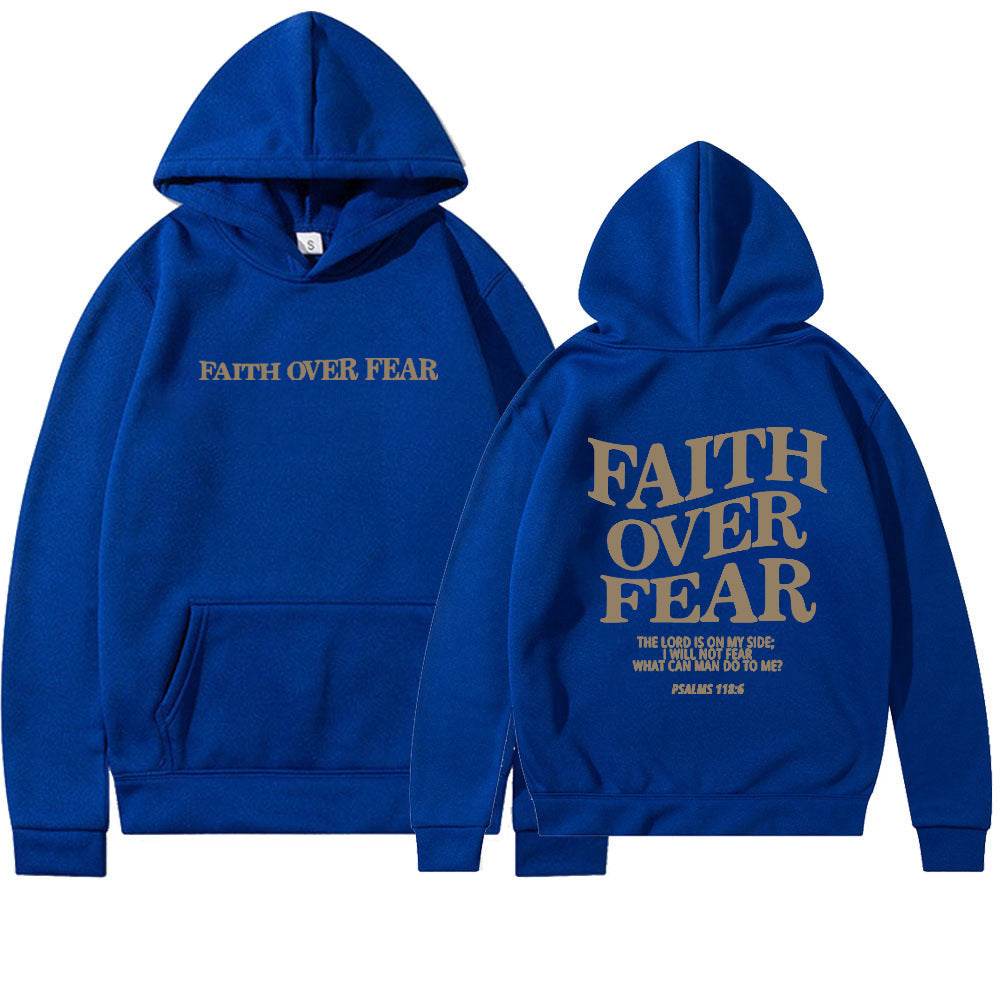 Blue Faith Over Fear Christian hoodie with front and back printed inspirational text and hoodie pocket