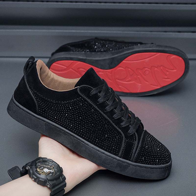Black Hong Kong style low top sneakers with rhinestone detailing and red rubber soles for men