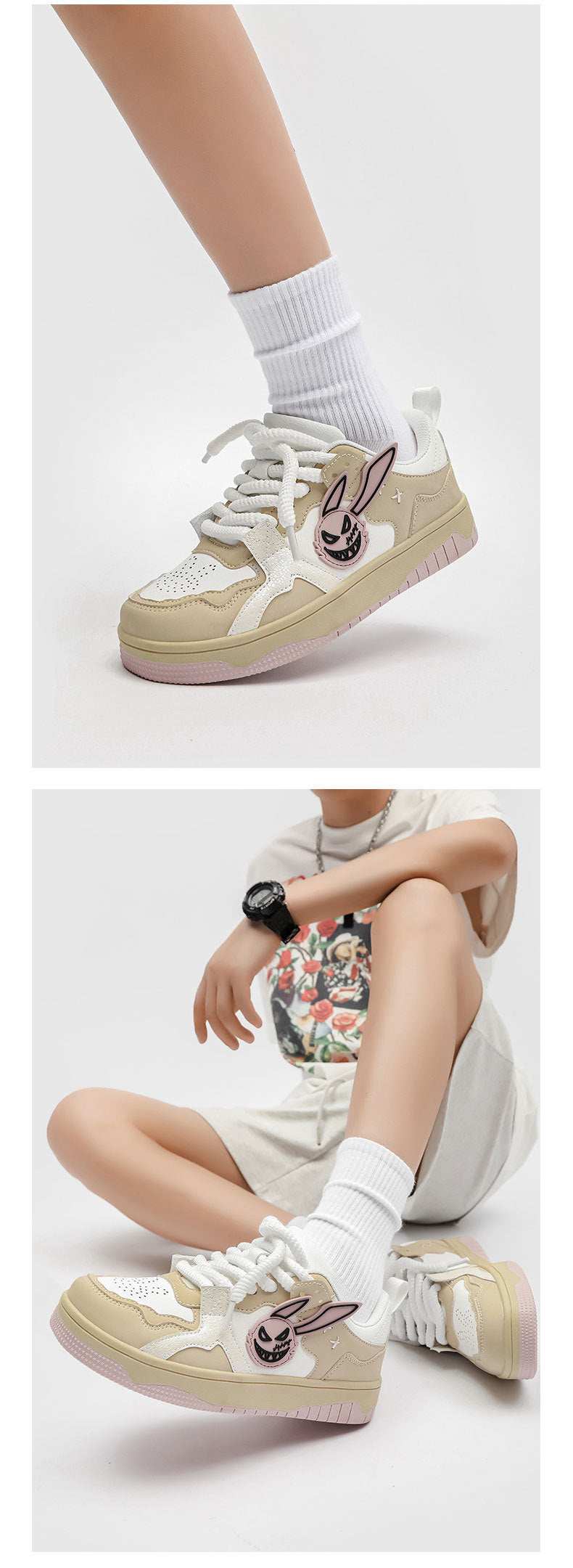 Product information:
 
 Pattern: color matching
 
 Applicable sports: Universal
 
 Lining material: Mesh
 
 Color: beige, white and gray
 
 Upper height: low top
 
 Couple  SneakersMENS SNEAKERSROBS FASHIONSWEAR 114'SROBS FASHIONSWEAR 114’SCouple Sneakers