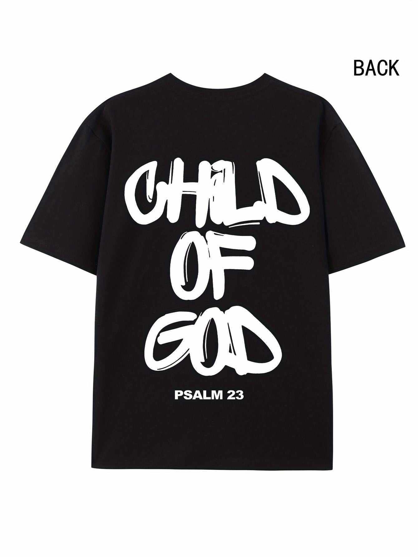 Black Child Of God T-Shirt with white bold printed text and Psalm 23 on back, short sleeve retro style