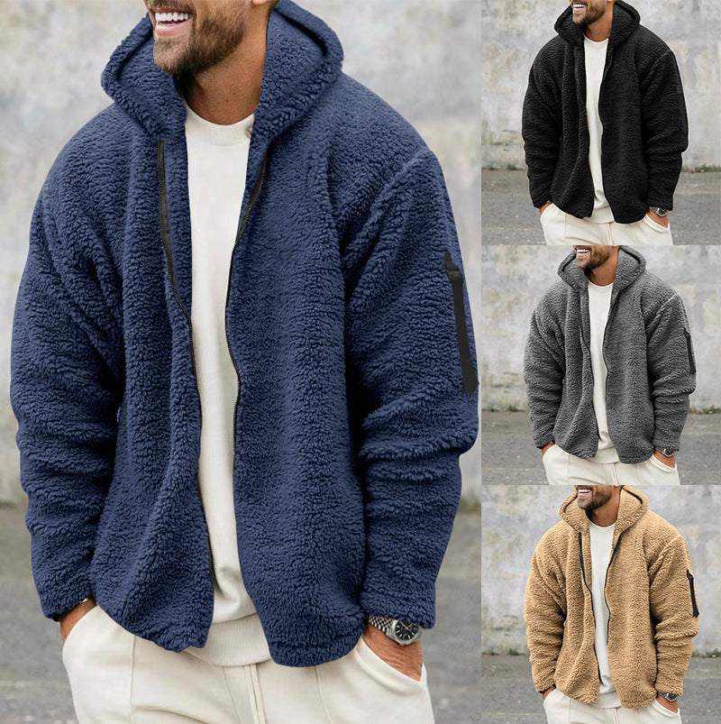 Men's plush coated hooded jacket in multiple colors, soft and warm outerwear for casual wear