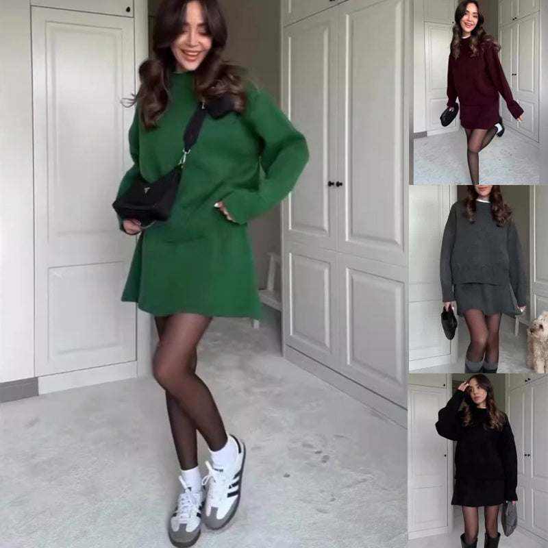Woman wearing an elegant mini skirt outfit in multiple colors with tights and sneakers