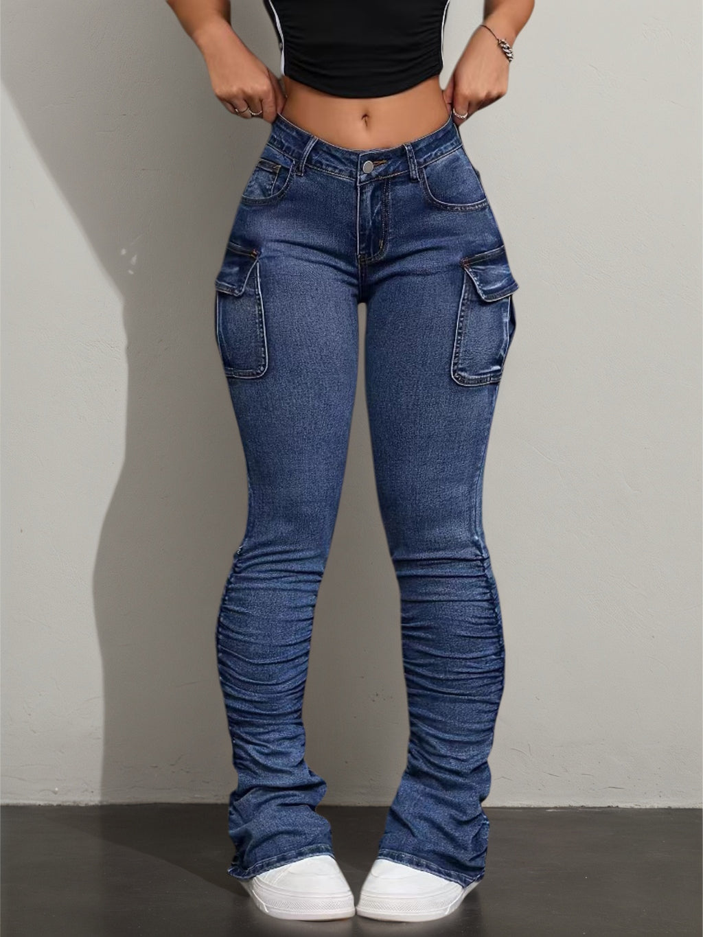 Pockets Elastic And Casual Jeans