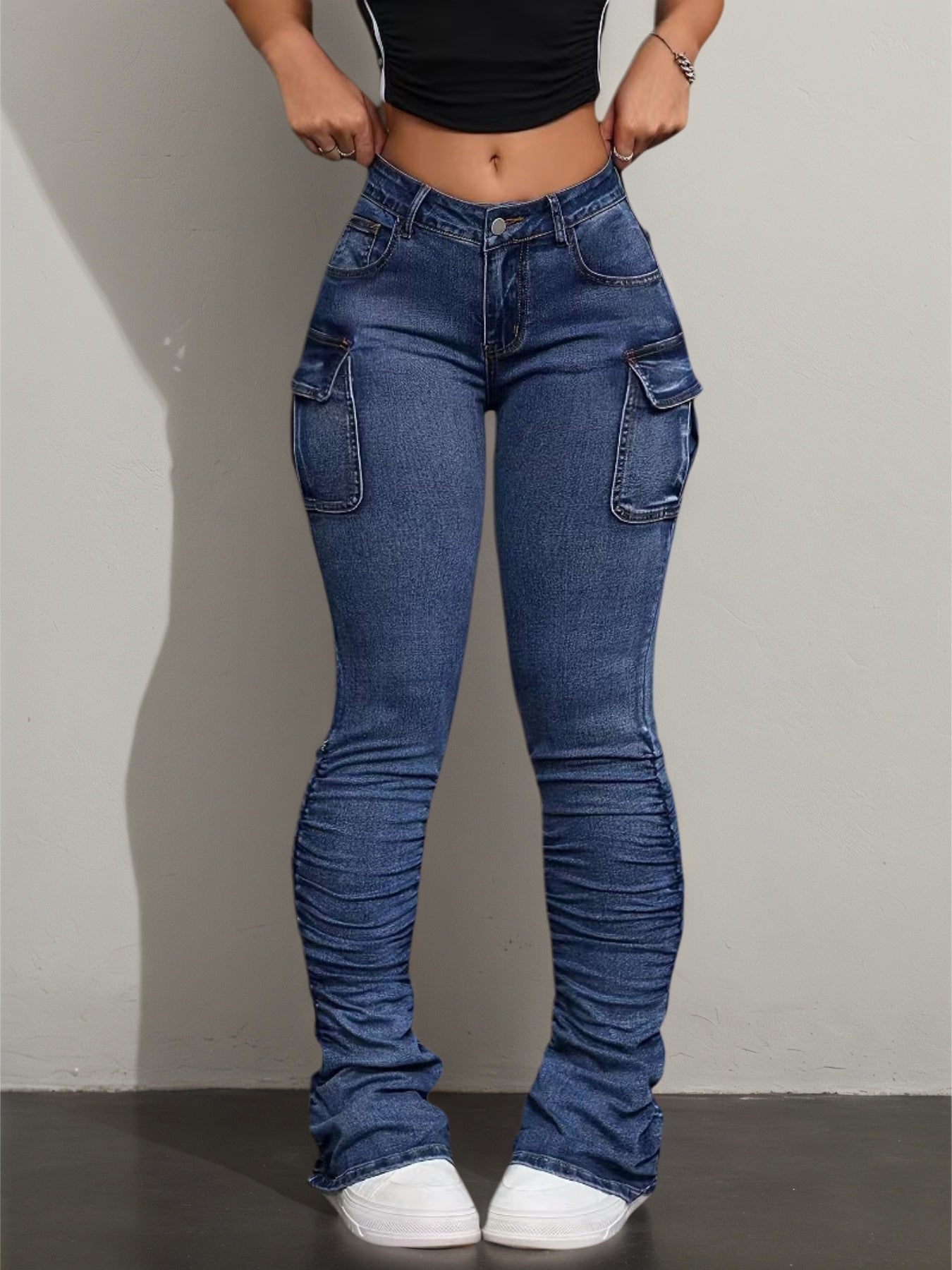 Pockets Elastic And Casual Jeans