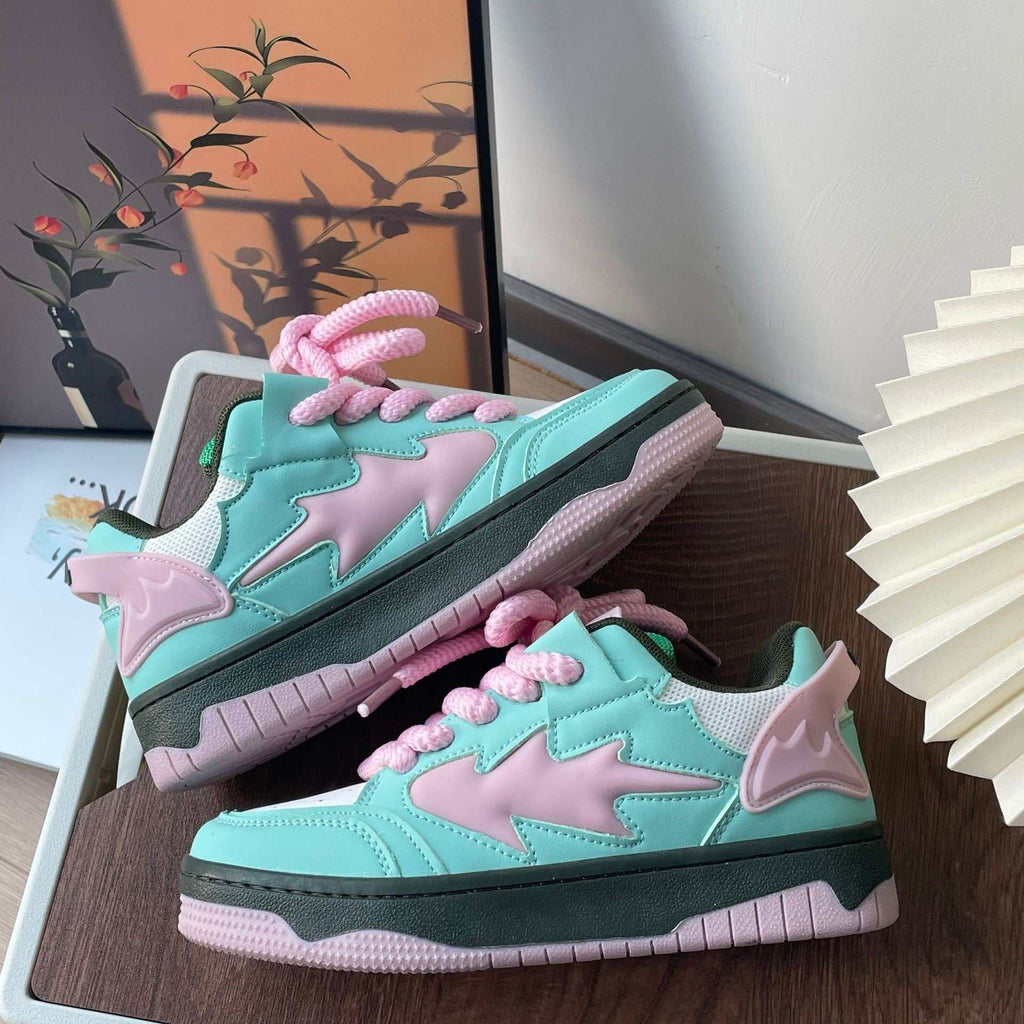 Mint green and pink distressed sneakers with front tie-up and anti-slip sole