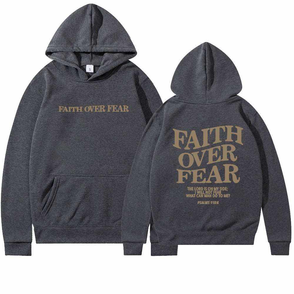 Dark gray Faith Over Fear Christian hoodie with front and back text design and front pocket