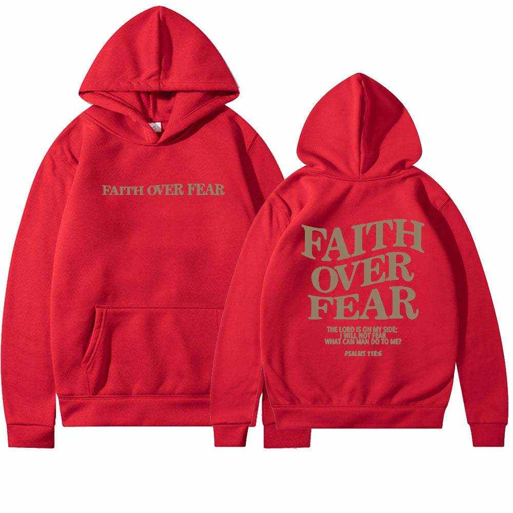Red Faith Over Fear Christian hoodie with front and back text design