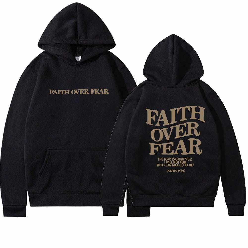 Black Faith Over Fear Christian hoodie with front and back text and Bible verse from Psalms 27:1