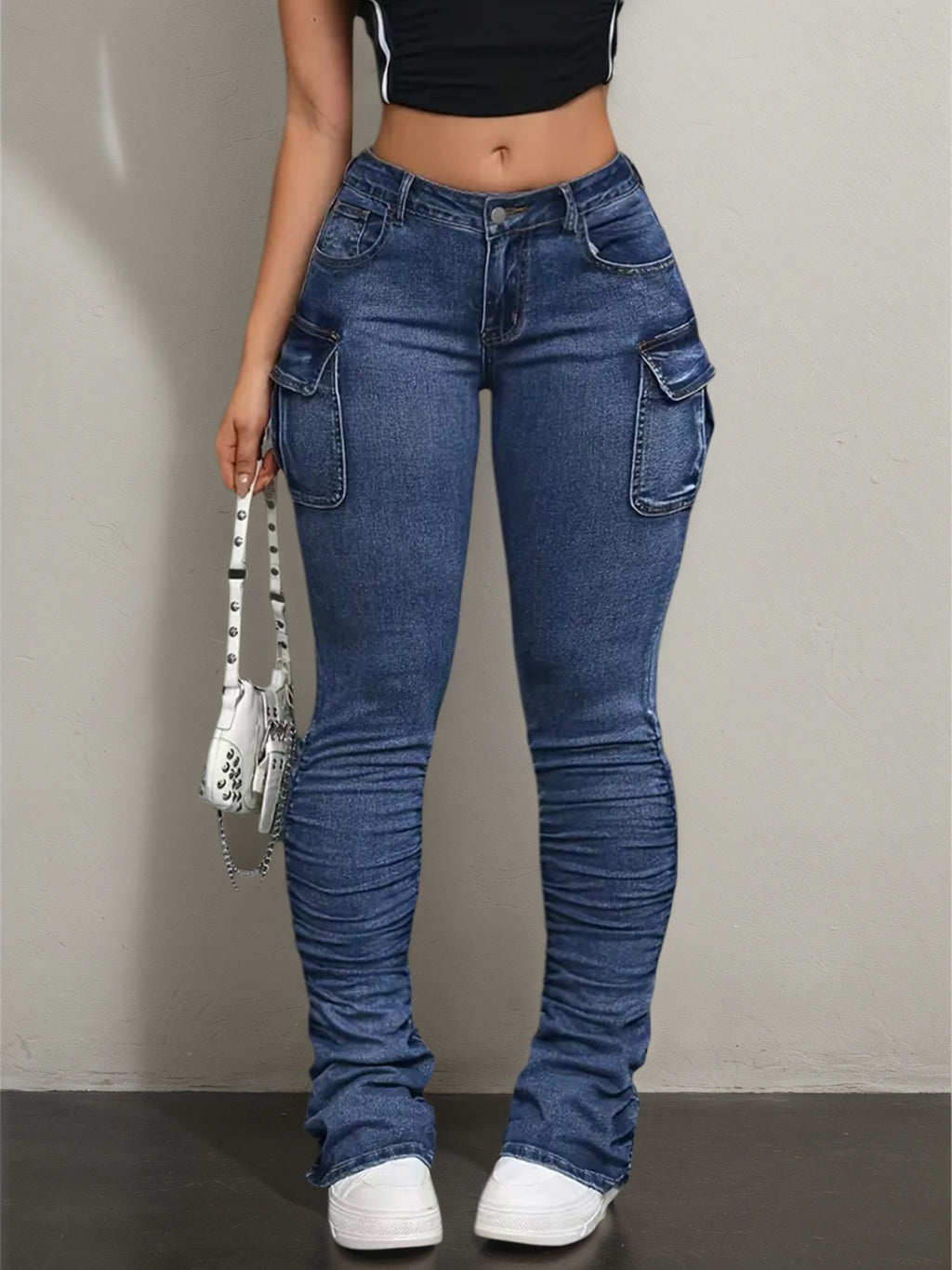 Pockets Elastic And Casual Jeans