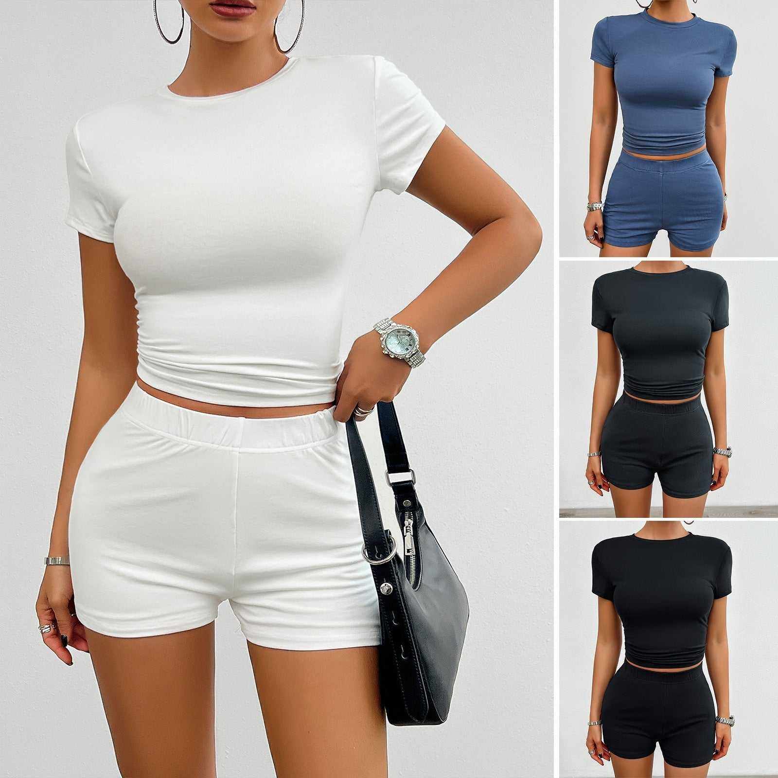 2Pcs short-sleeved crop top and shorts set for women in white, blue, and black colors