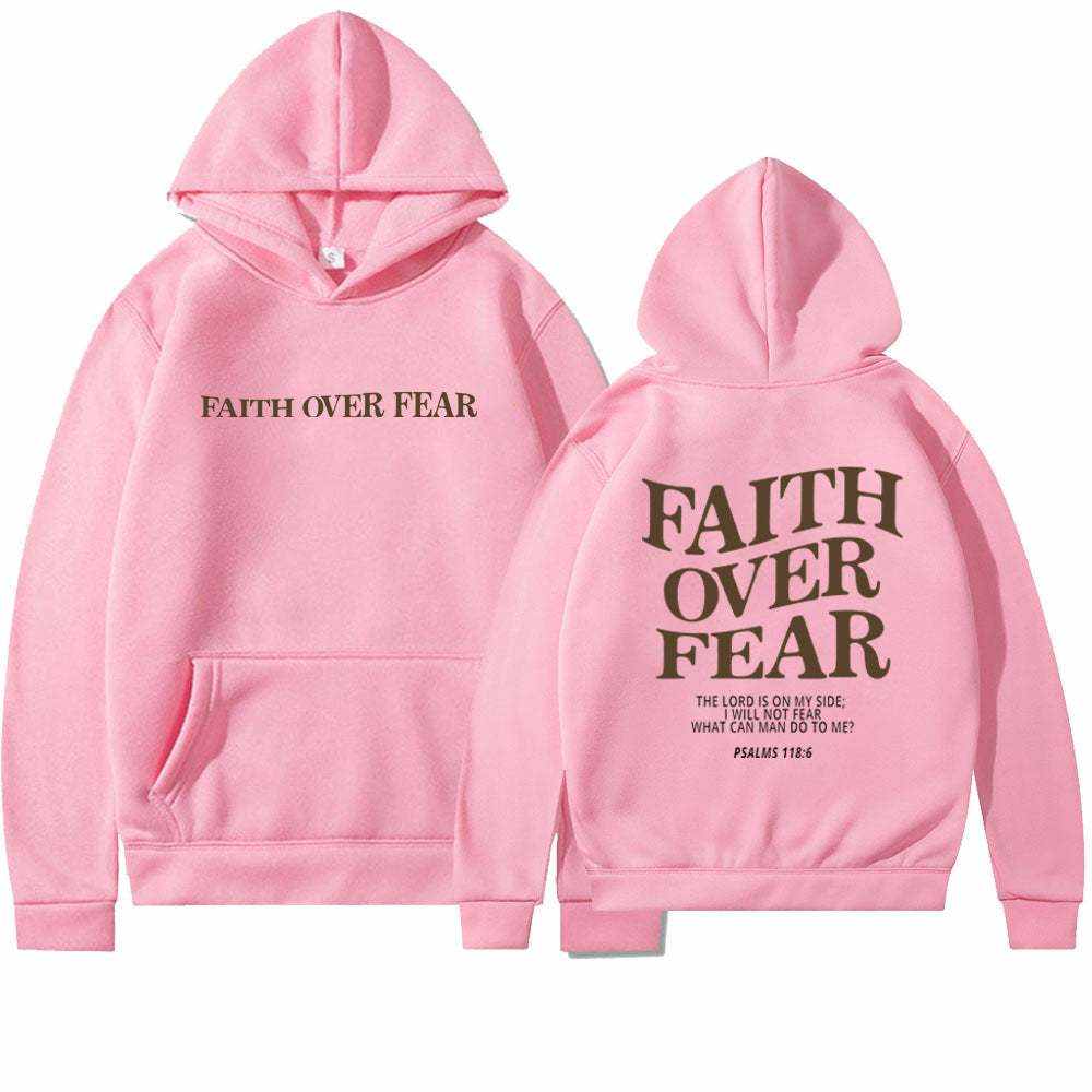 Pink Faith Over Fear Christian hoodie with front and back text and Bible verse design
