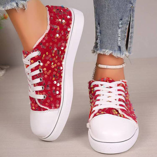 Fashion Round Toe Flat Bottom Lace-up Sequins Casual Pumps