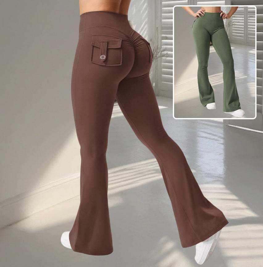 Yoga Fitness Flared Pants in brown and green with high stretch fabric and side pocket detail