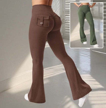 Yoga fitness flared pants in brown and green with high stretch fabric and side pocket detail.