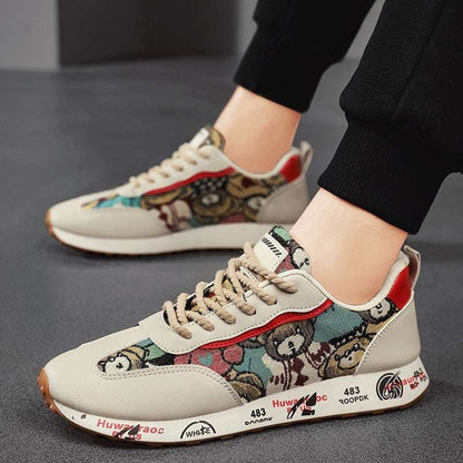 Bear Sneakers featuring colorful bear patterns, beige and red accents, and printed white rubber soles.