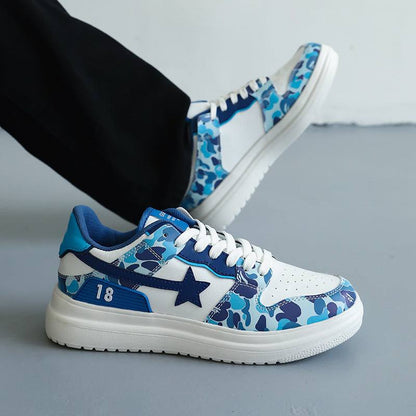 Plus Stars Sneaker in white and blue camouflage pattern with a star design and number 18 detail