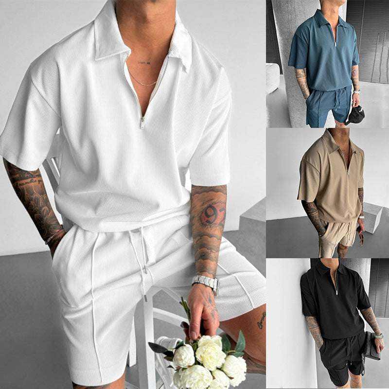 Men's zipper polo shirt and shorts set in white, blue, beige, and black colors