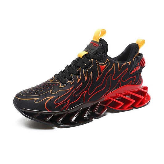 Trendy Style Sneaker with black and red flame design and unique red geometric sole